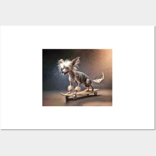 Chinese Crested Dog Riding a Skateboard Posters and Art